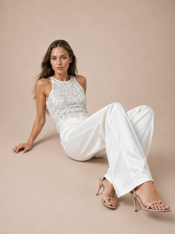 Pearl &amp; Sequin Embellished Halter Tank Top