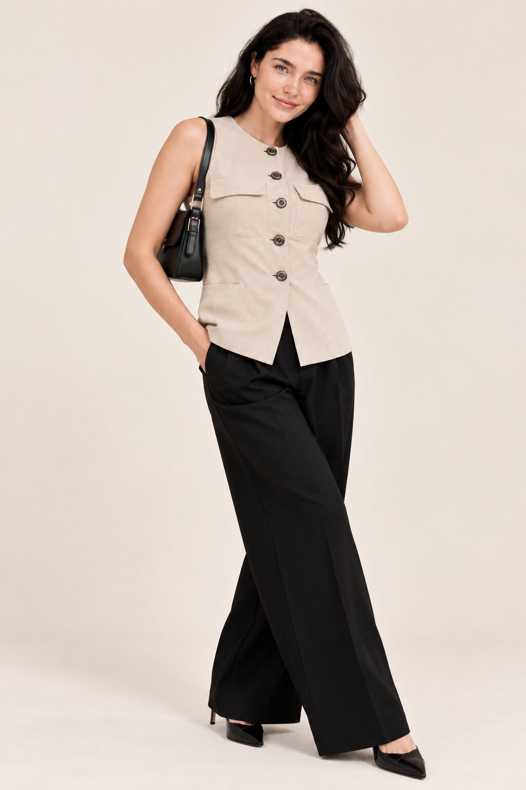 Beige Sleeveless Button-Front Vest
