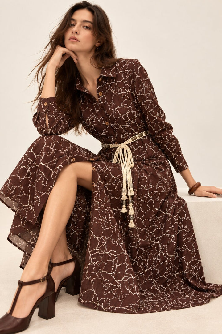 Chocolate Brown Embroidered Shirt Dress with Braided Belt