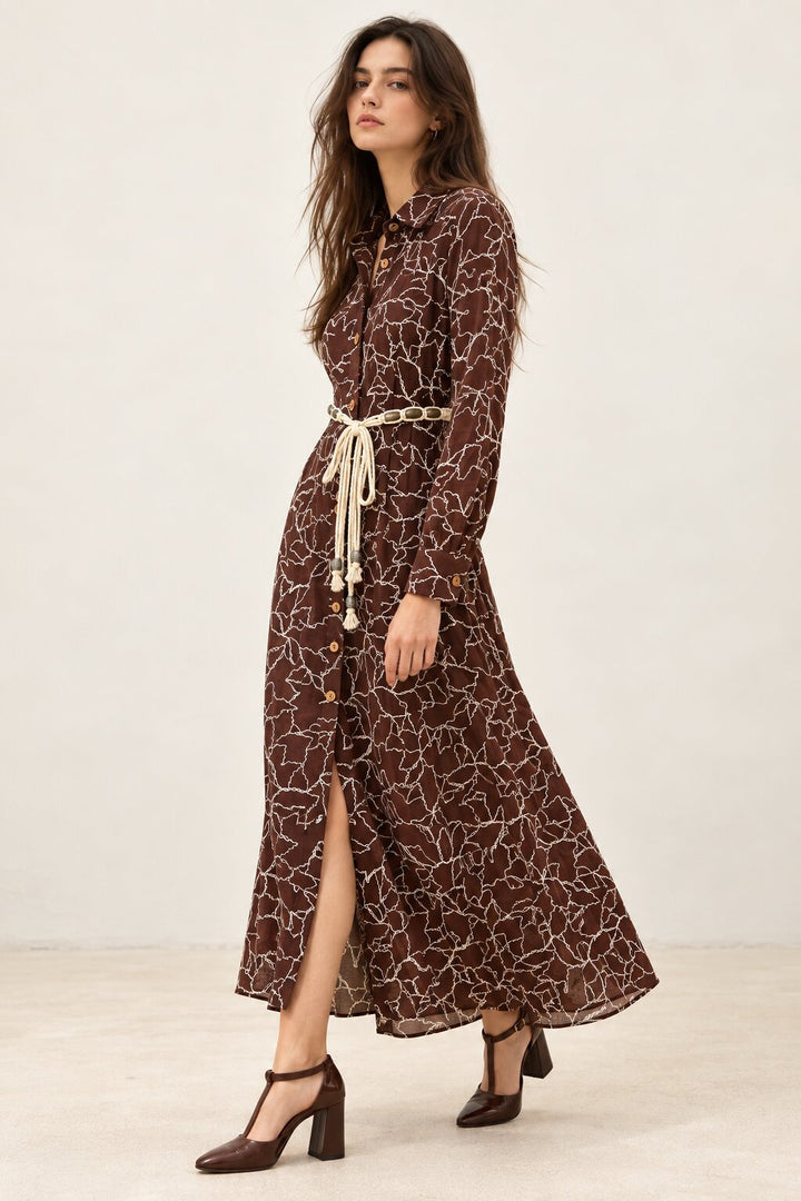 Chocolate Brown Embroidered Shirt Dress with Braided Belt