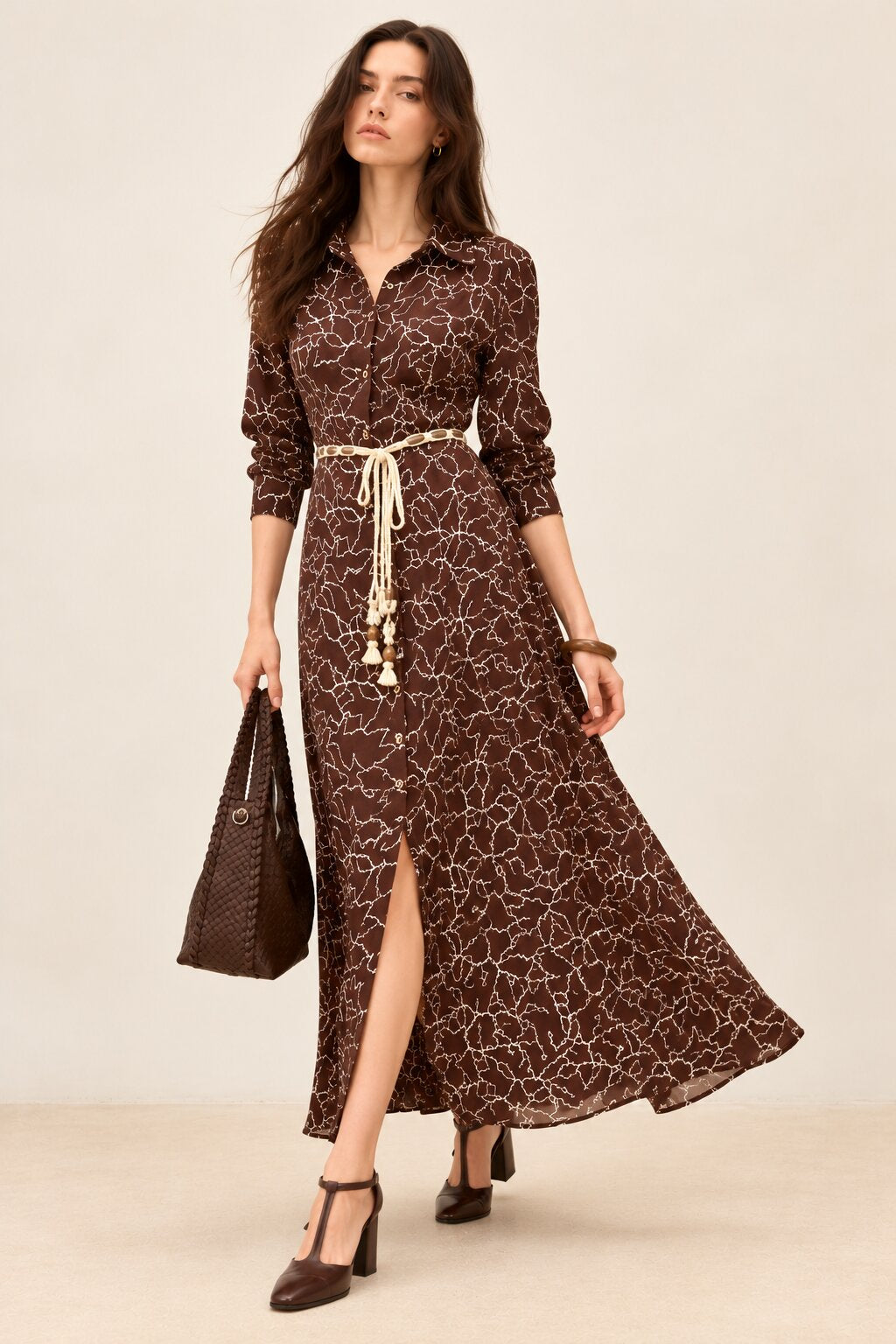 Chocolate Brown Embroidered Shirt Dress with Braided Belt