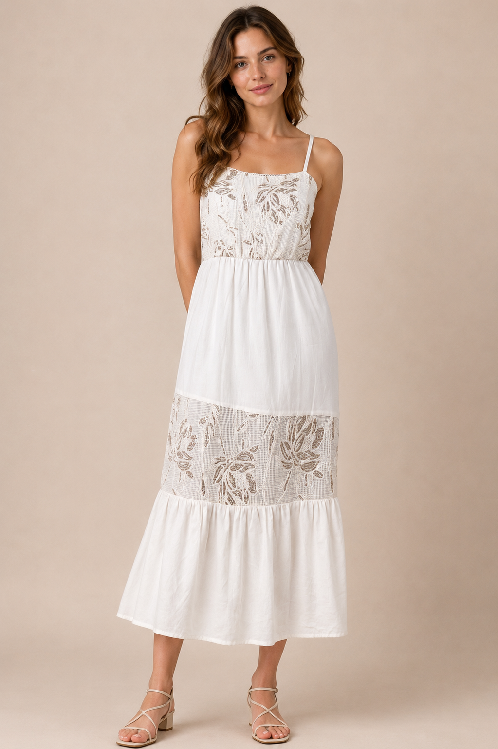 Lace Panel Tiered Midi Dress