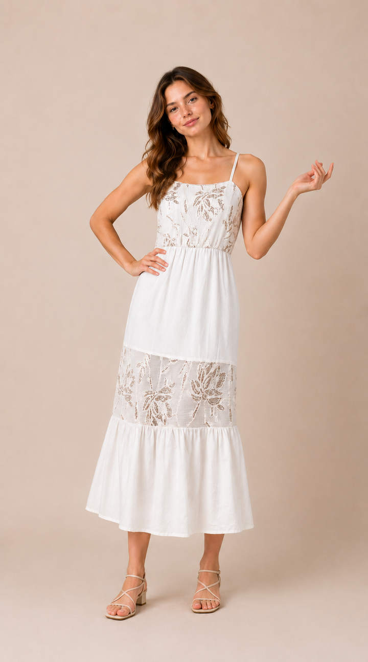 Lace Panel Tiered Midi Dress