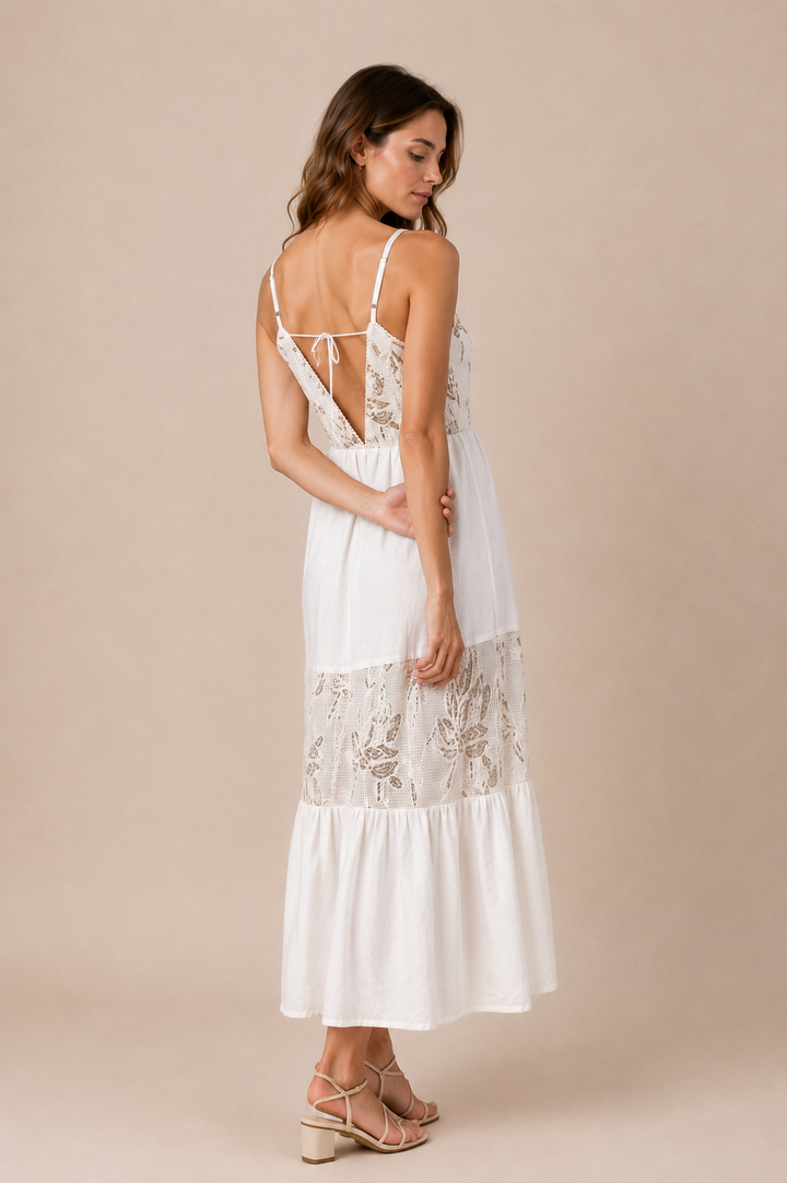 Lace Panel Tiered Midi Dress