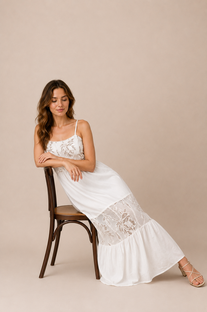 Lace Panel Tiered Midi Dress