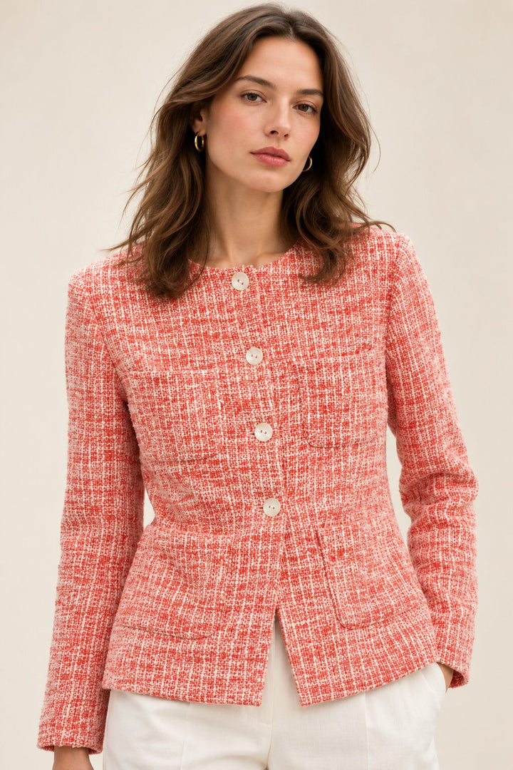 Coral Textured Jacket with Round Neck and Button Closure