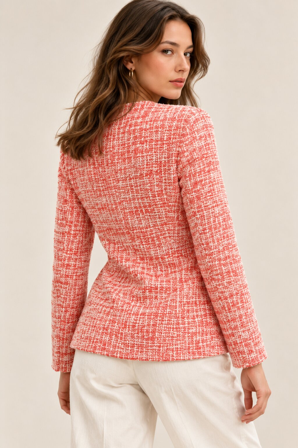 Coral Textured Jacket with Round Neck and Button Closure