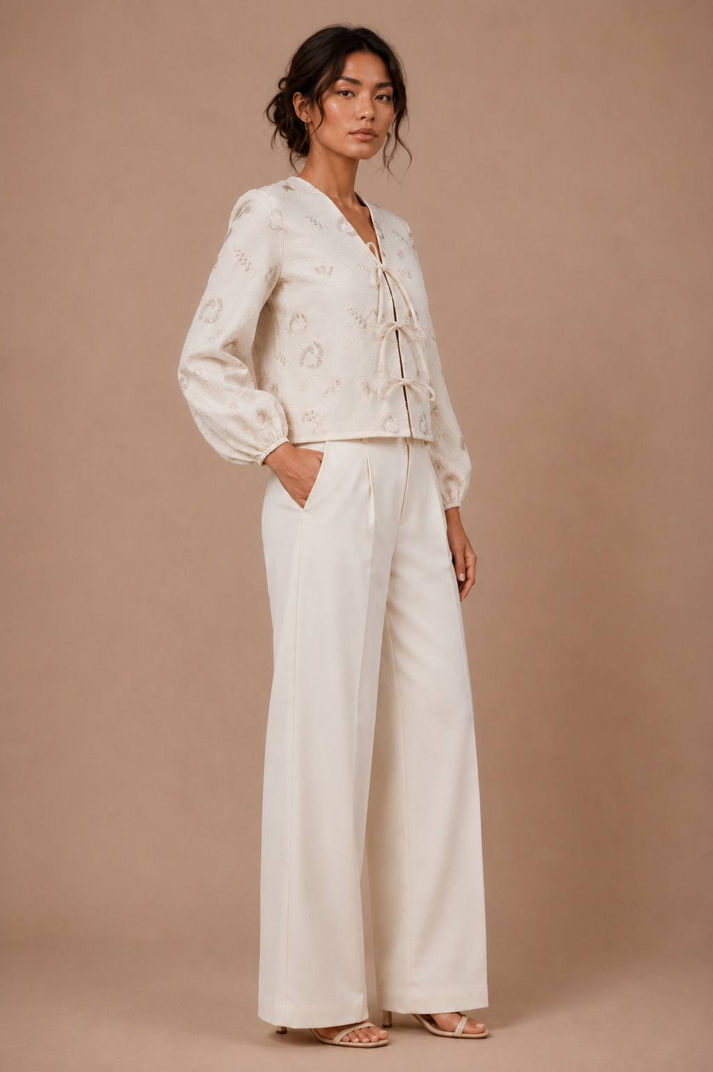Embroidered Tie-Front Top with Bishop Sleeves