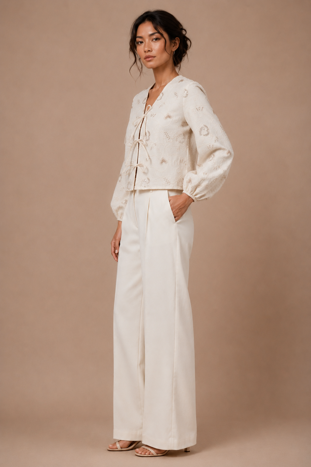 Embroidered Tie-Front Top with Bishop Sleeves