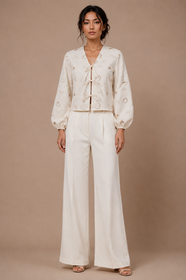 Embroidered Tie-Front Top with Bishop Sleeves
