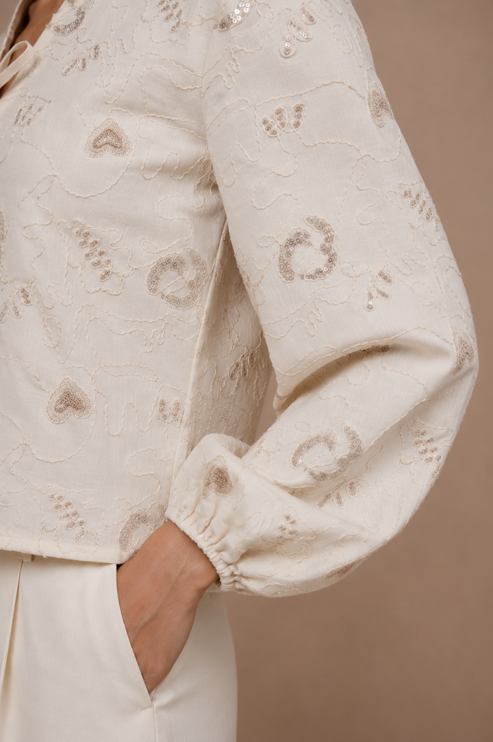 Embroidered Tie-Front Top with Bishop Sleeves