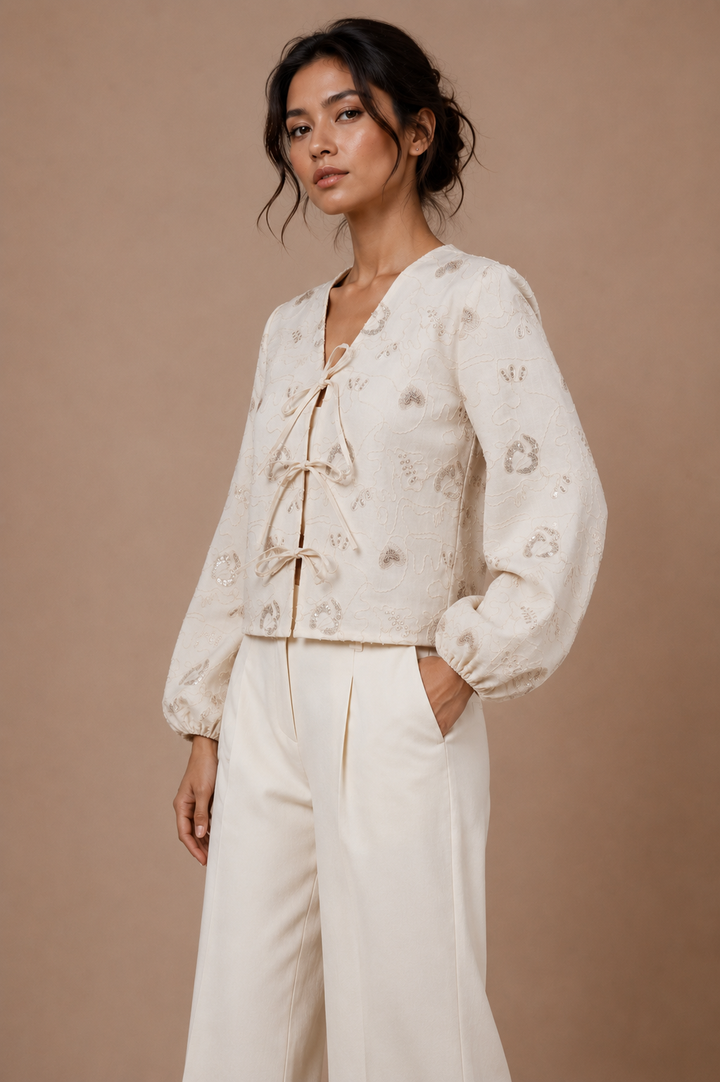 Embroidered Tie-Front Top with Bishop Sleeves