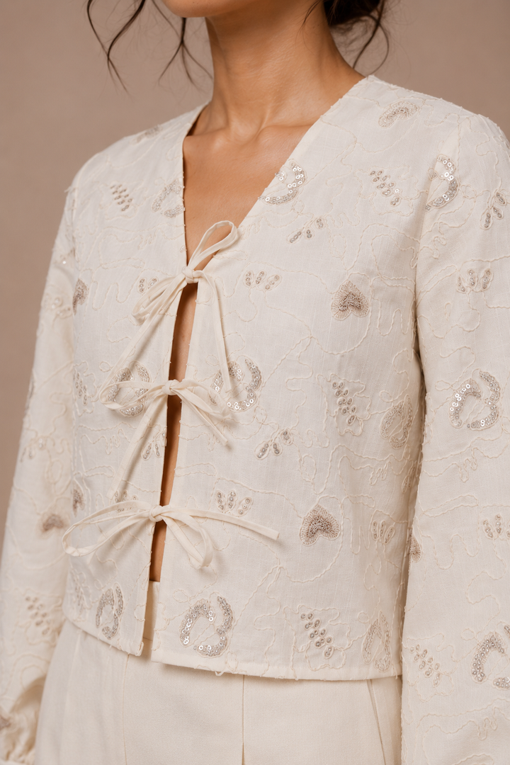 Embroidered Tie-Front Top with Bishop Sleeves