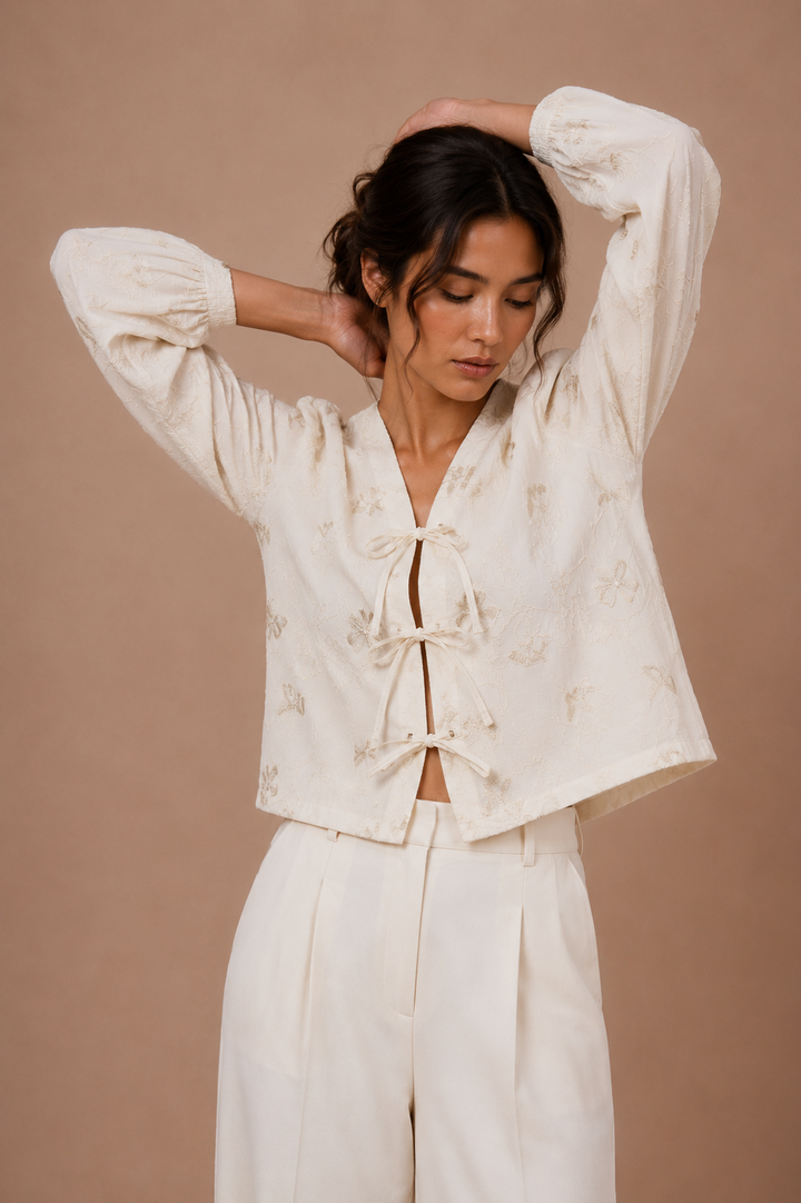 Embroidered Tie-Front Top with Bishop Sleeves