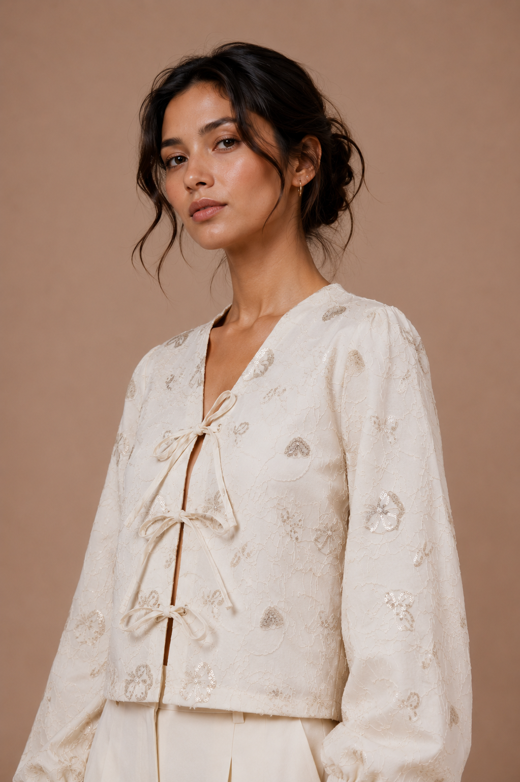 Embroidered Tie-Front Top with Bishop Sleeves