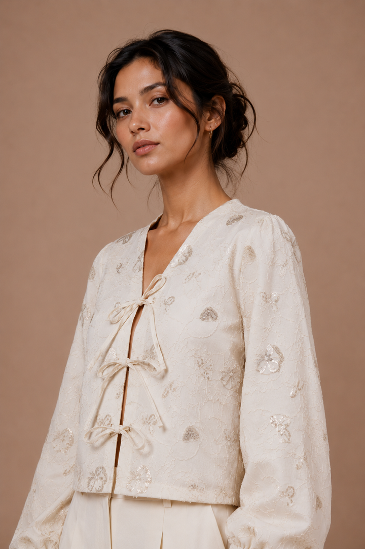 Embroidered Tie-Front Top with Bishop Sleeves