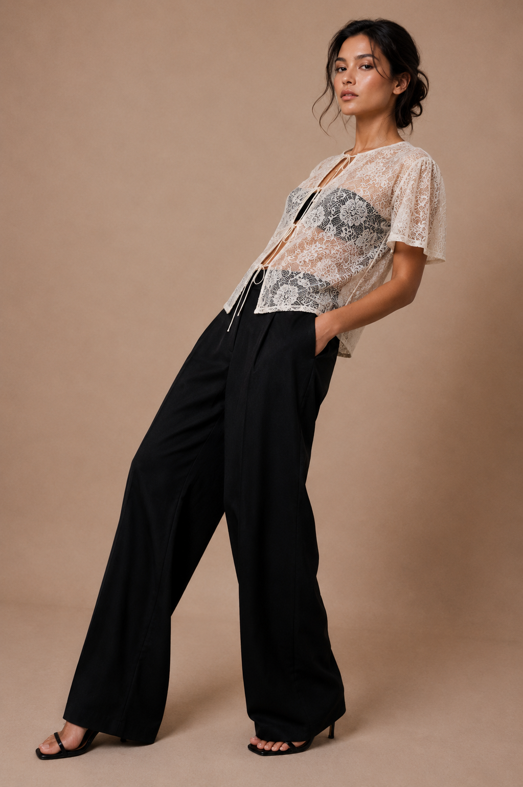Cord Embroidered Lace Tie-Front Top