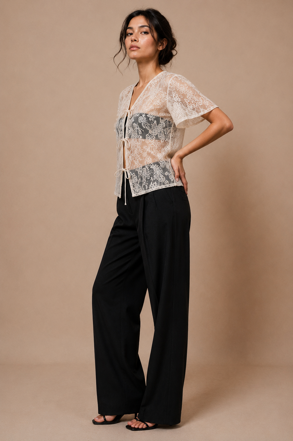 Cord Embroidered Lace Tie-Front Top