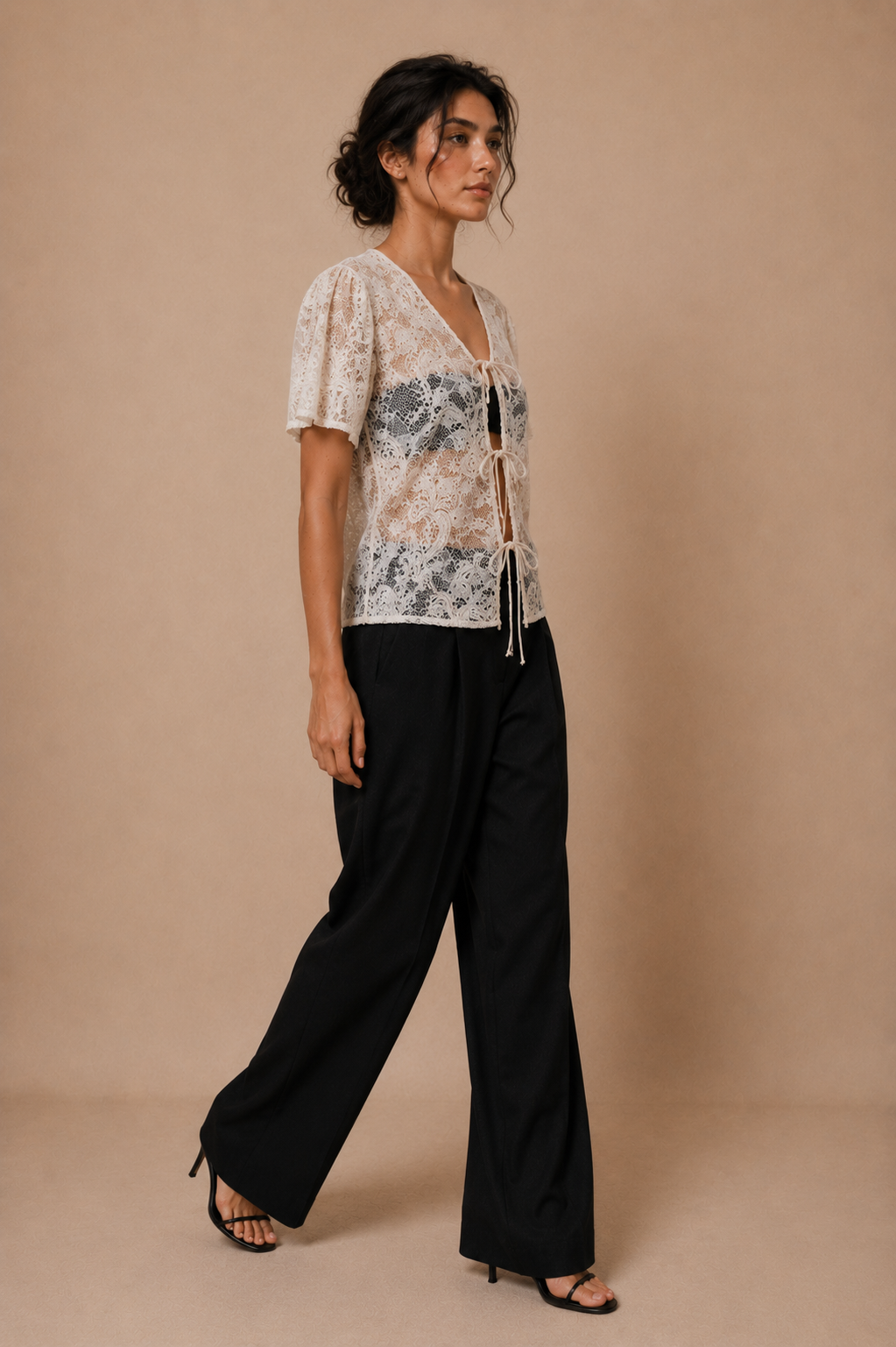 Cord Embroidered Lace Tie-Front Top