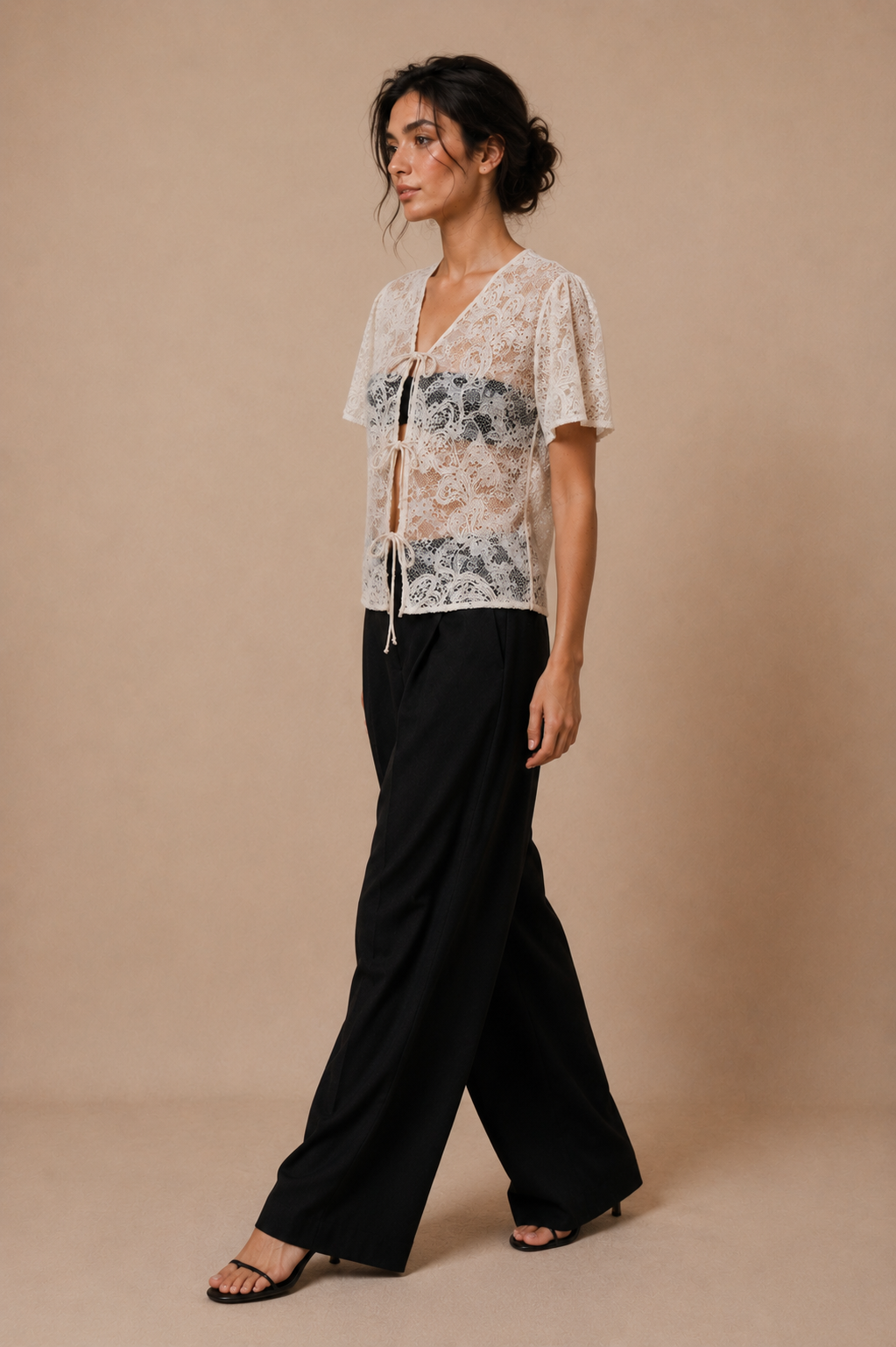 Cord Embroidered Lace Tie-Front Top