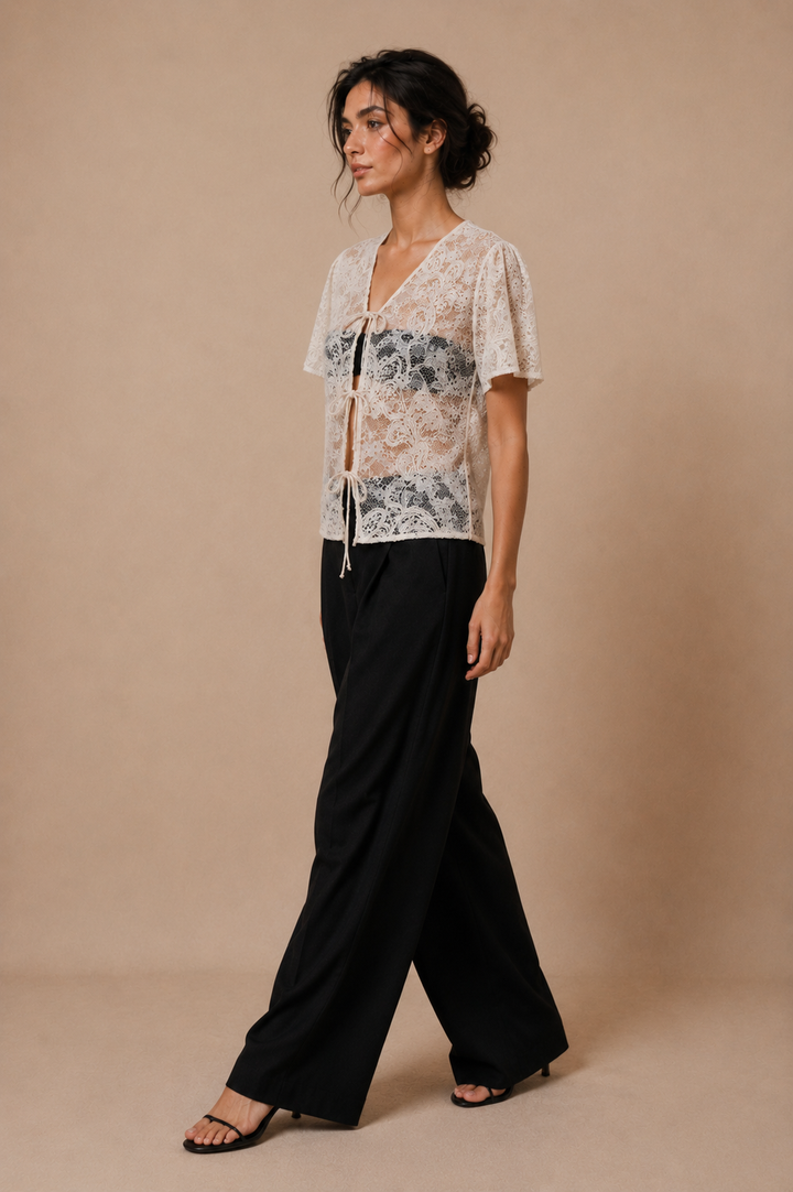Cord Embroidered Lace Tie-Front Top