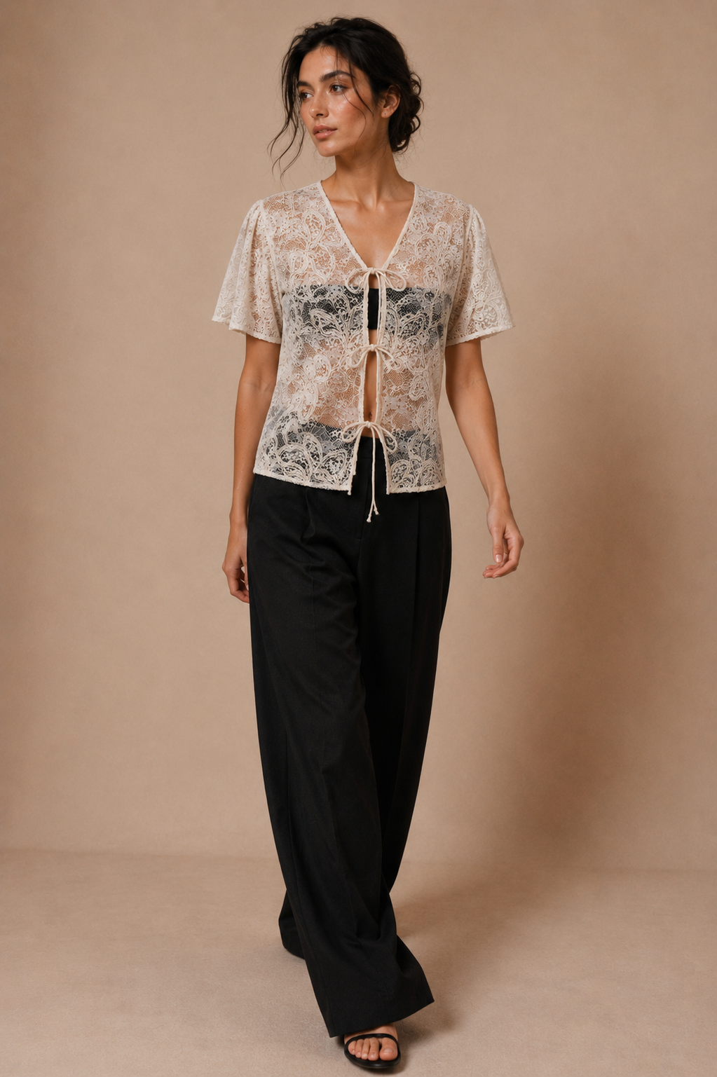 Cord Embroidered Lace Tie-Front Top