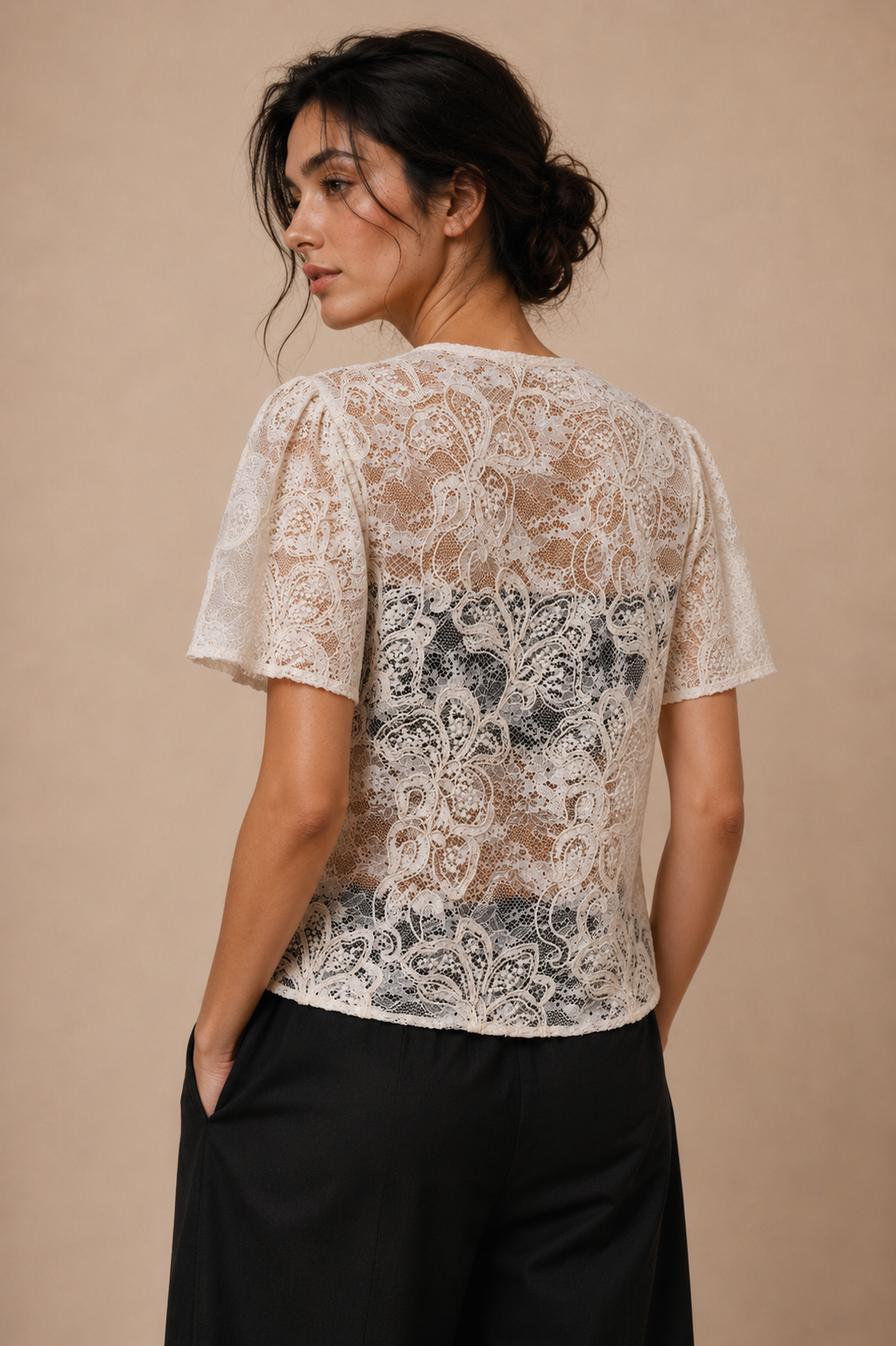 Cord Embroidered Lace Tie-Front Top