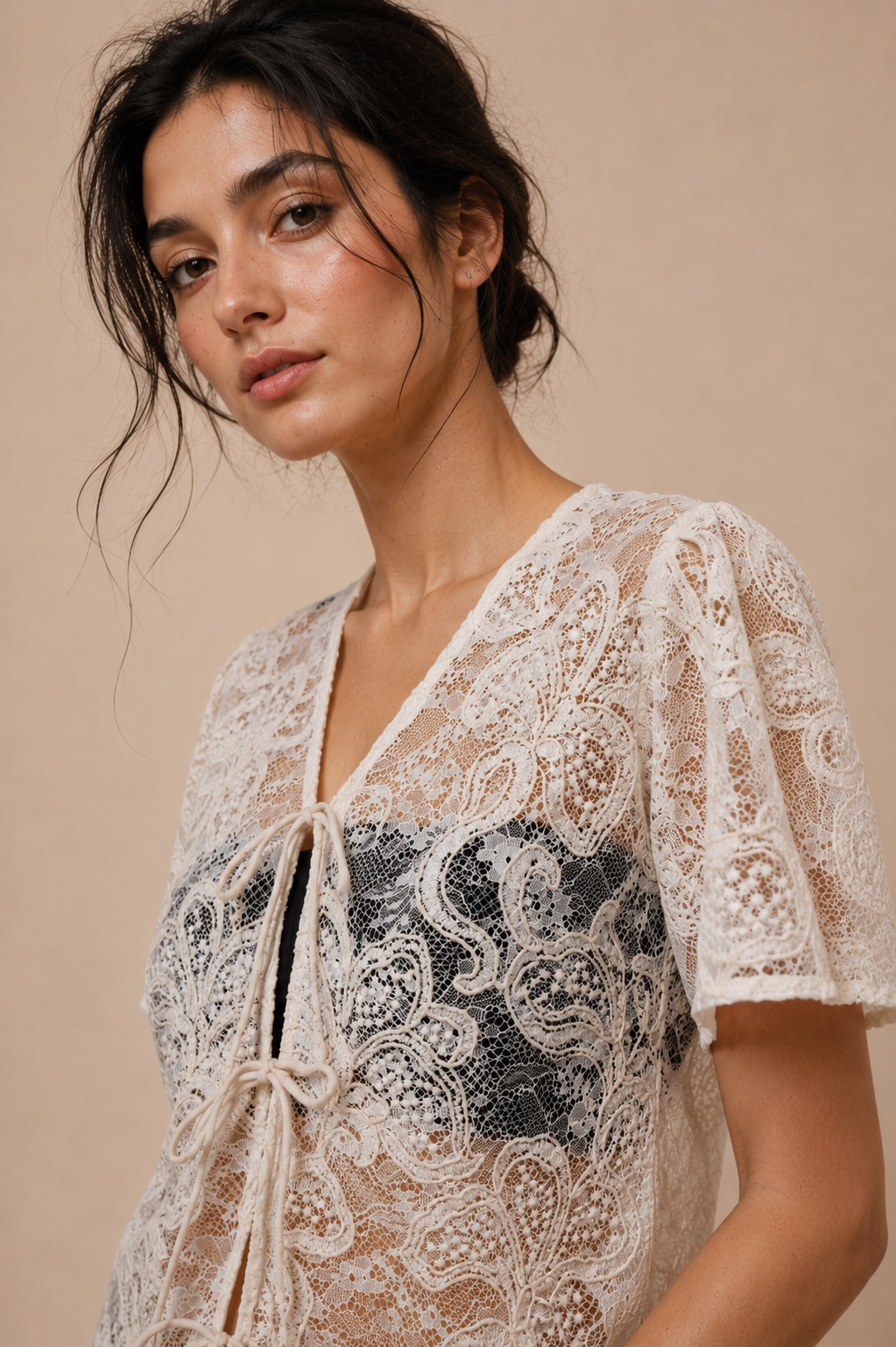 Cord Embroidered Lace Tie-Front Top