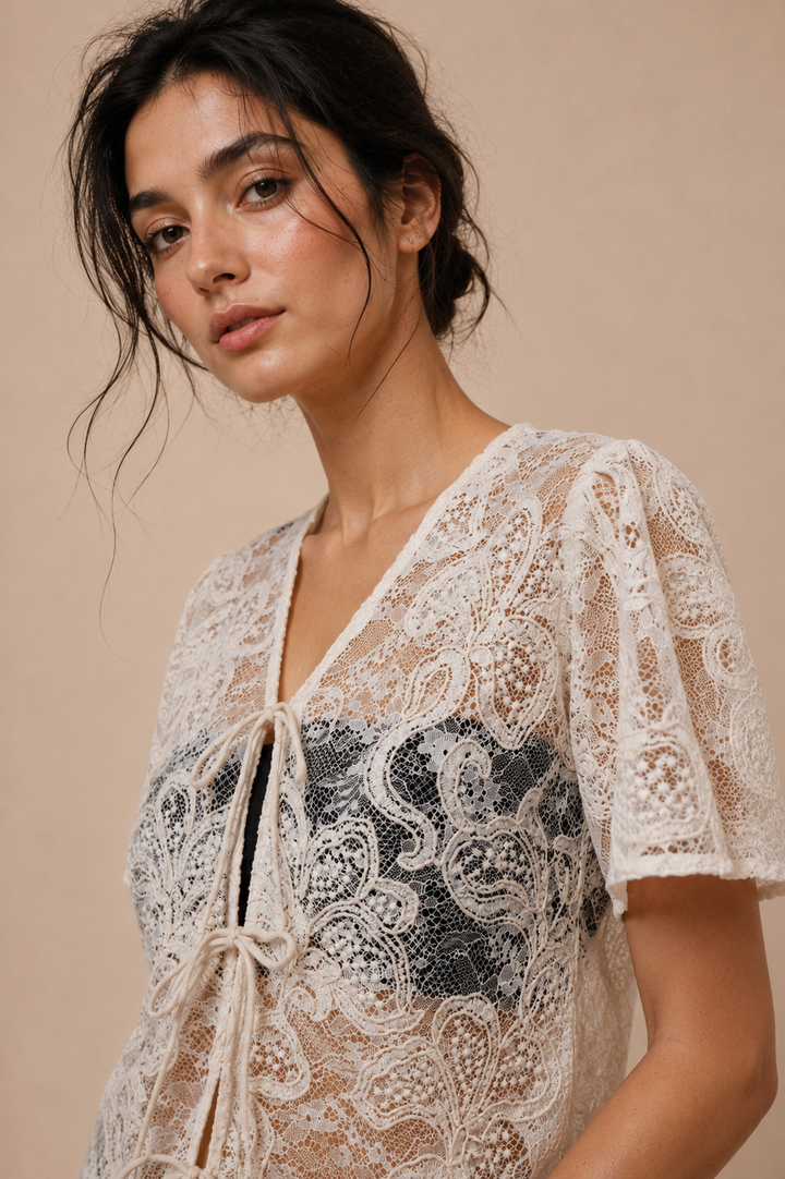 Cord Embroidered Lace Tie-Front Top