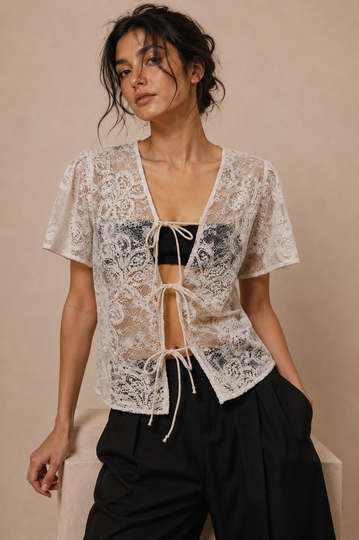Cord Embroidered Lace Tie-Front Top
