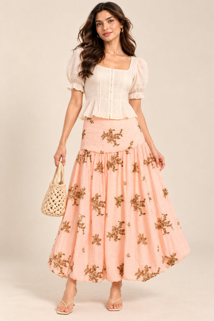 Blush Peach Embroidered Balloon-Hem Skirt