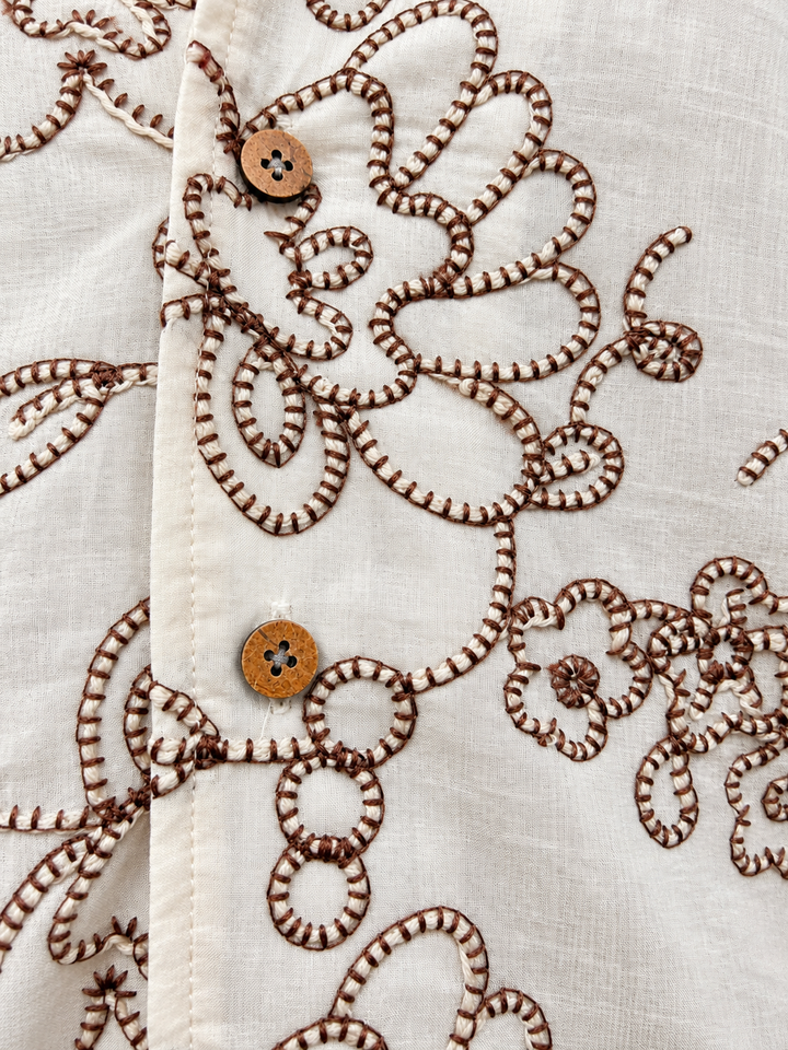 Ivory Cream &amp; Brown Floral Embroidered Short Sleeve Shirt