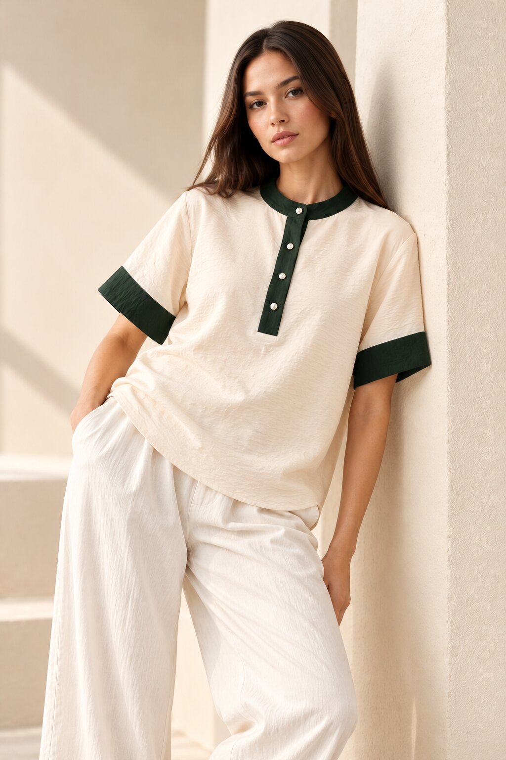 Ivory Relaxed Fit Top with Contrast Green Collar and Cuffs