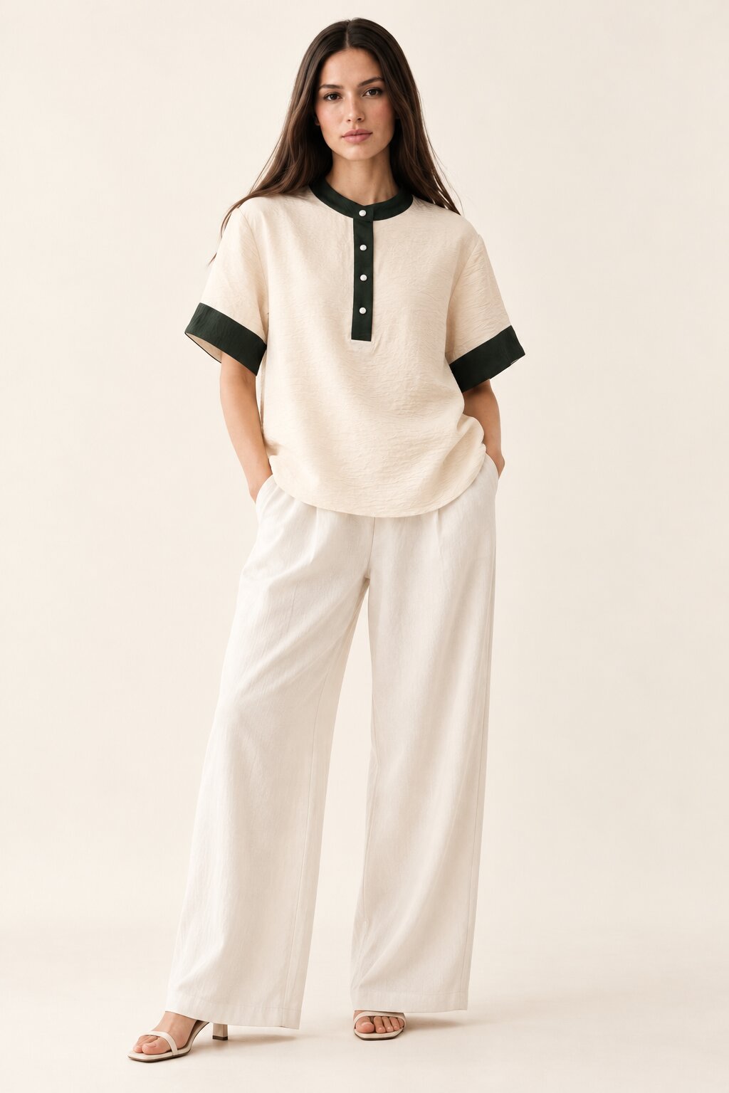 Ivory Relaxed Fit Top with Contrast Green Collar and Cuffs
