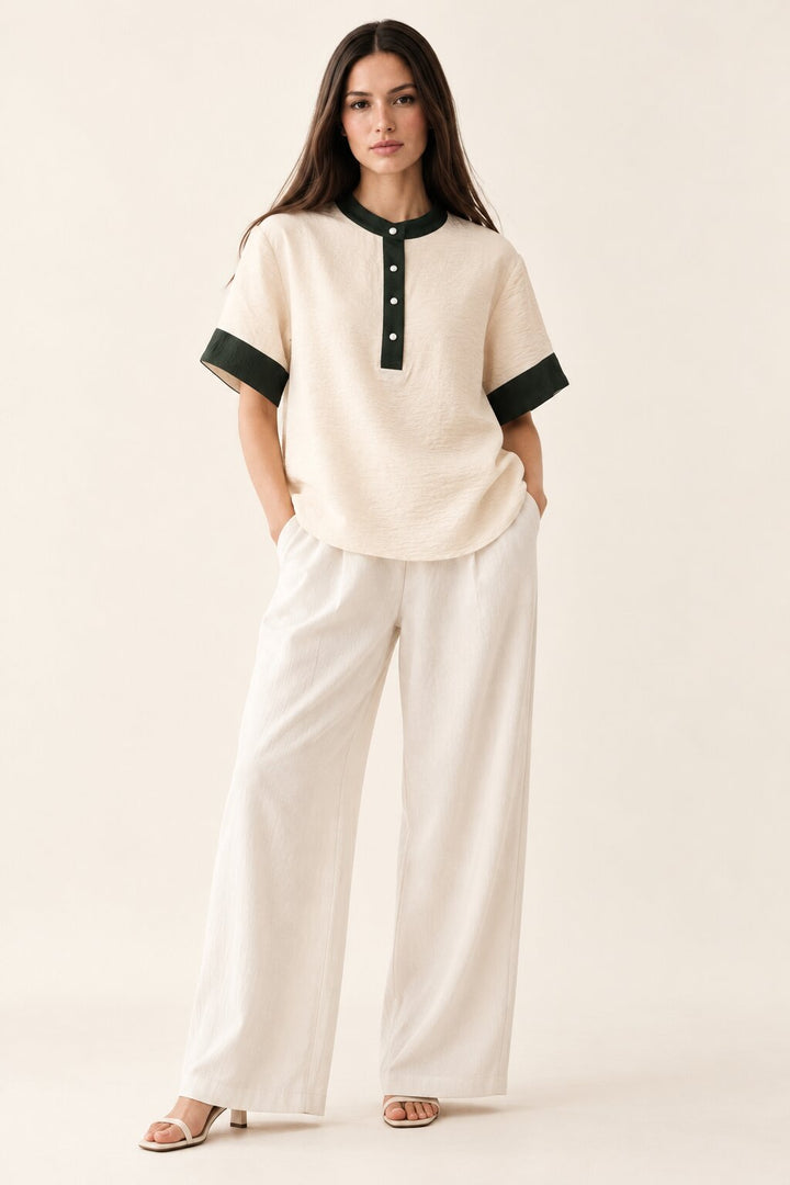 Ivory Relaxed Fit Top with Contrast Green Collar and Cuffs