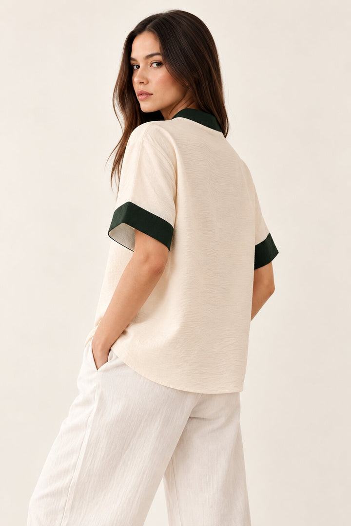 Ivory Relaxed Fit Top with Contrast Green Collar and Cuffs