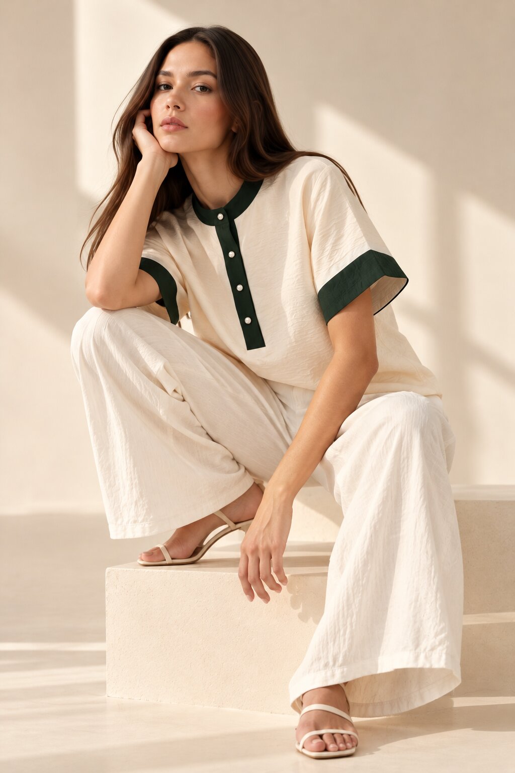 Ivory Relaxed Fit Top with Contrast Green Collar and Cuffs