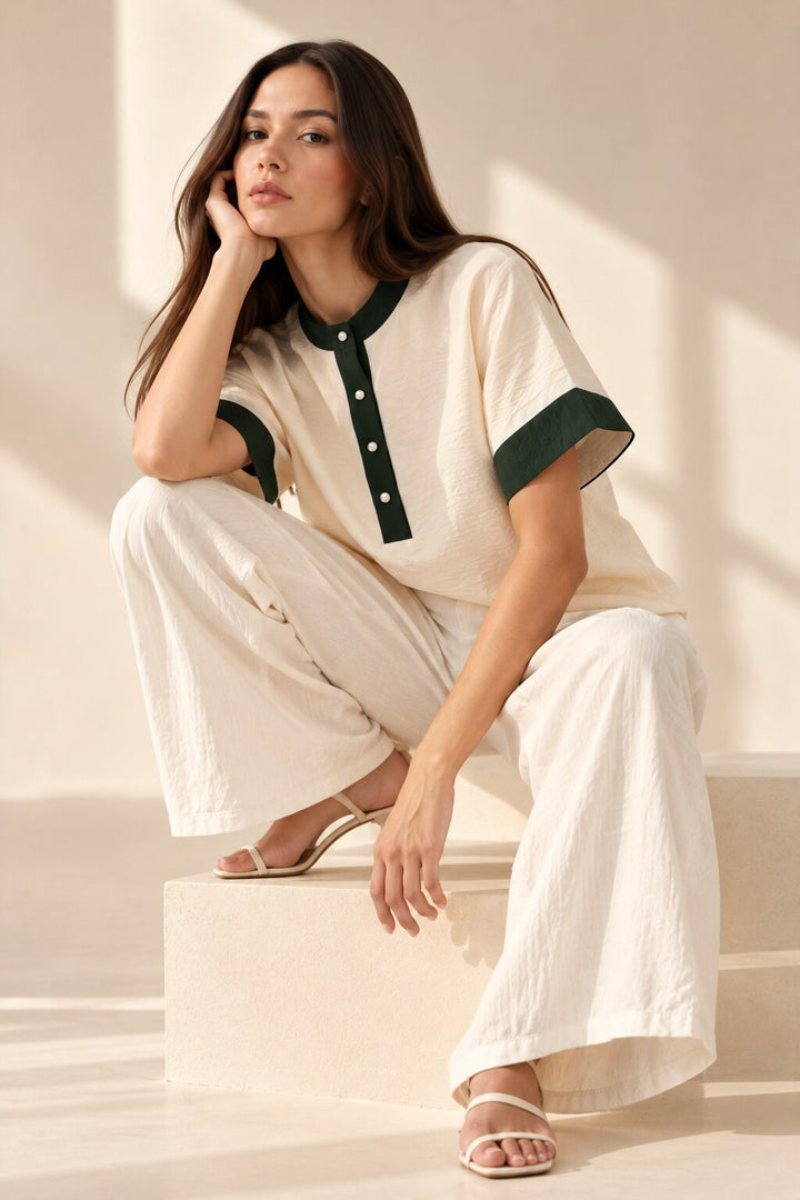 Ivory Relaxed Fit Top with Contrast Green Collar and Cuffs