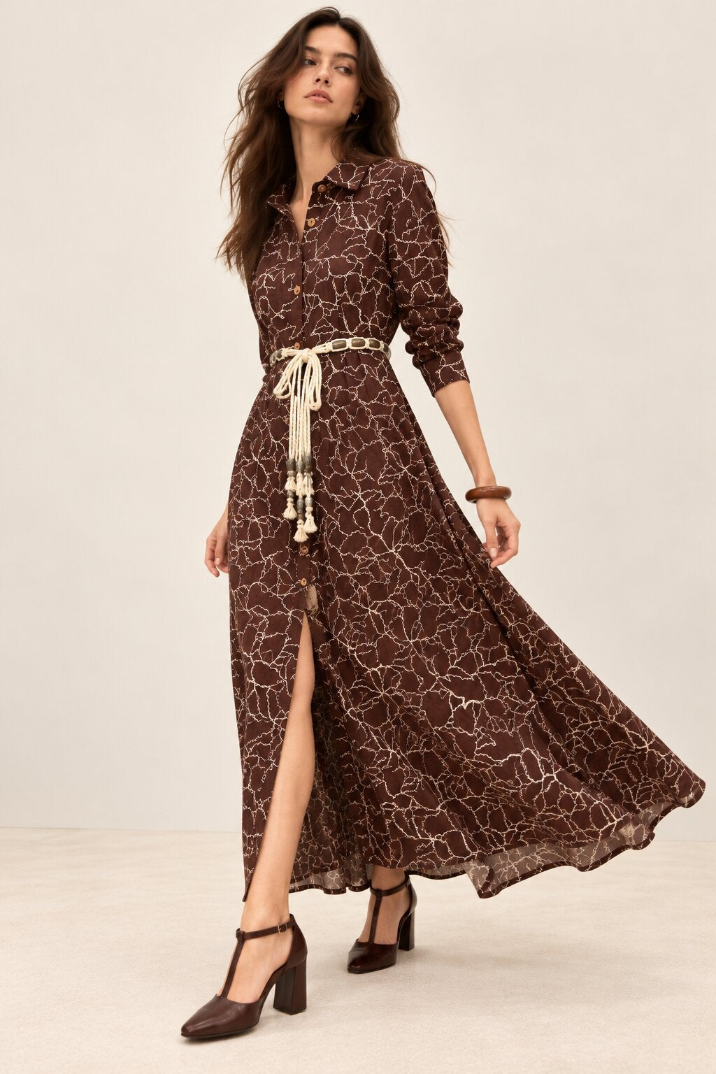 Chocolate Brown Embroidered Shirt Dress with Braided Belt