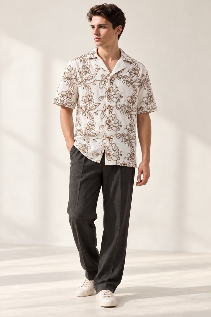 Ivory Cream &amp; Brown Floral Embroidered Short Sleeve Shirt