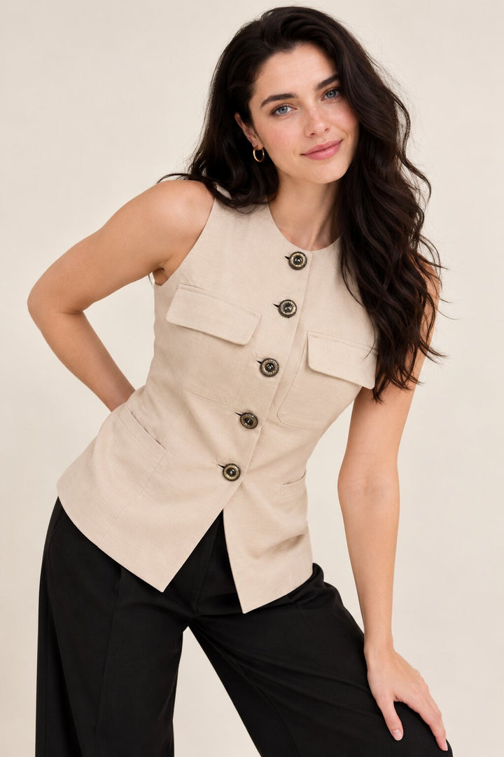 Beige Sleeveless Button-Front Vest