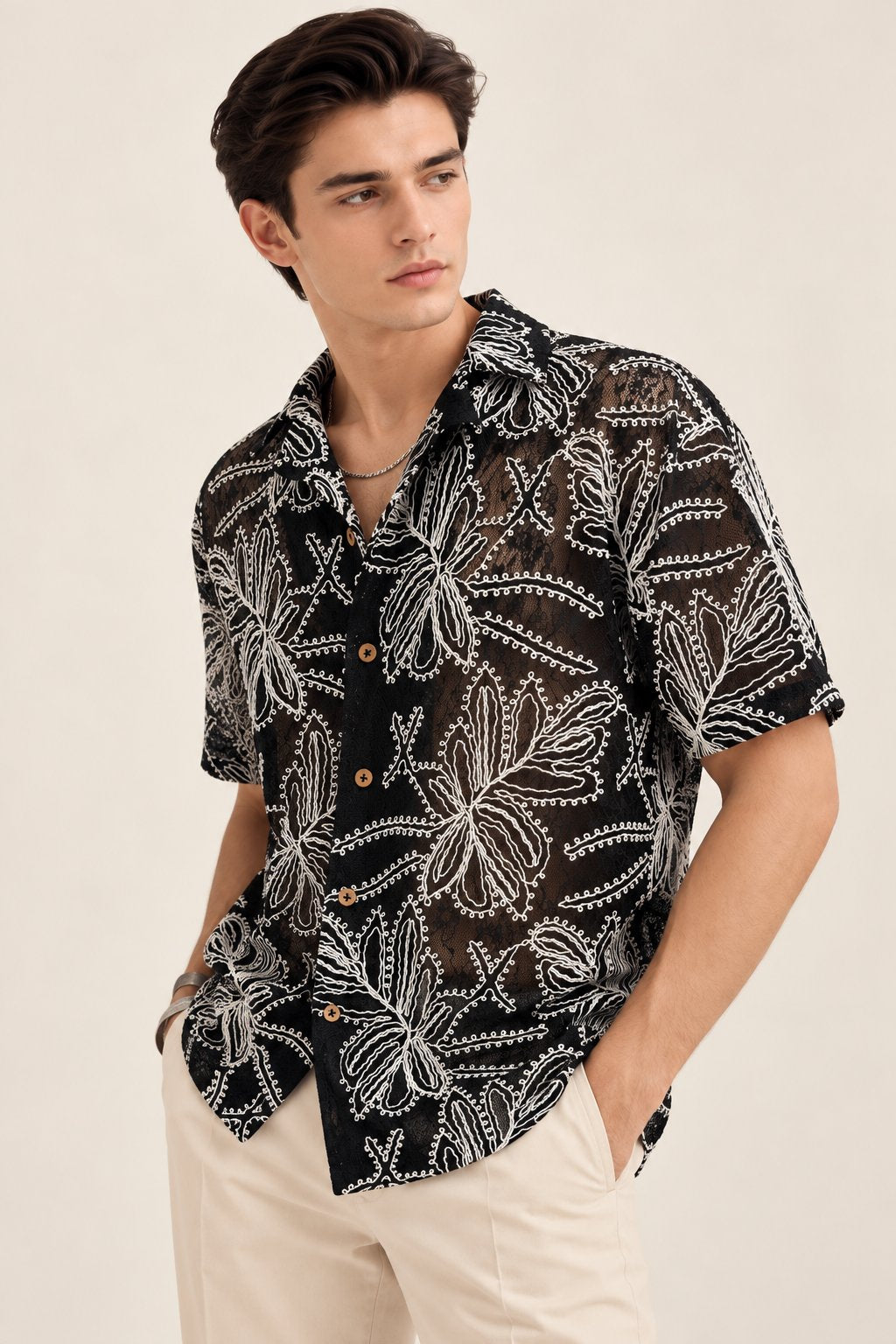 Black Floral Embroidered Sheer Shirt