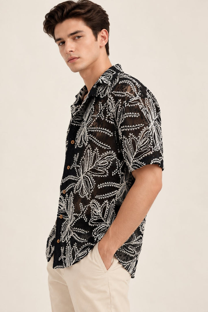 Black Floral Embroidered Sheer Shirt