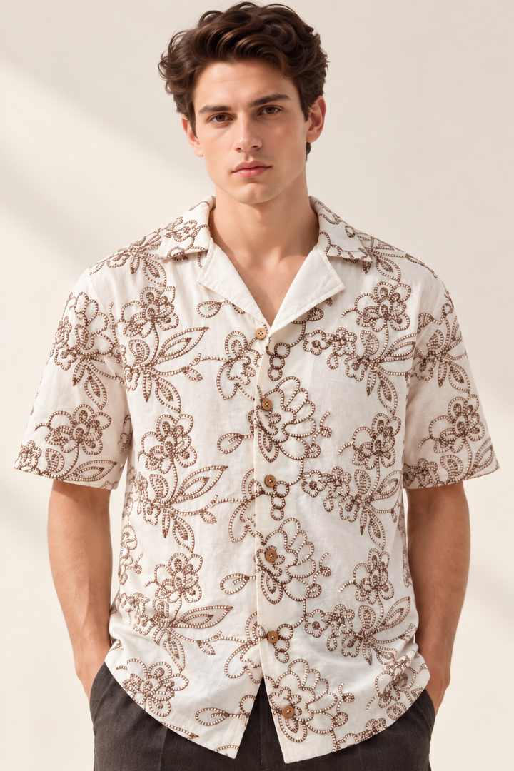 Ivory Cream &amp; Brown Floral Embroidered Short Sleeve Shirt