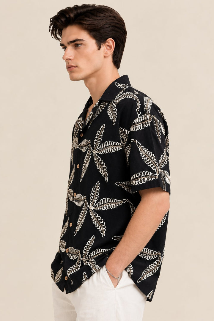 Black &amp; Ivory Leaf Embroidered Short Sleeve Shirt
