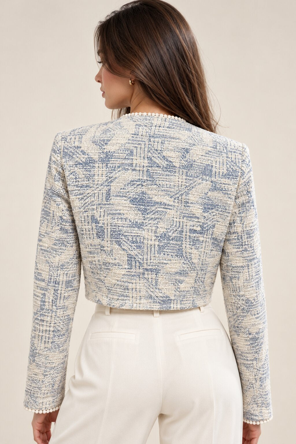Blue &amp; White Textured Cropped Jacket