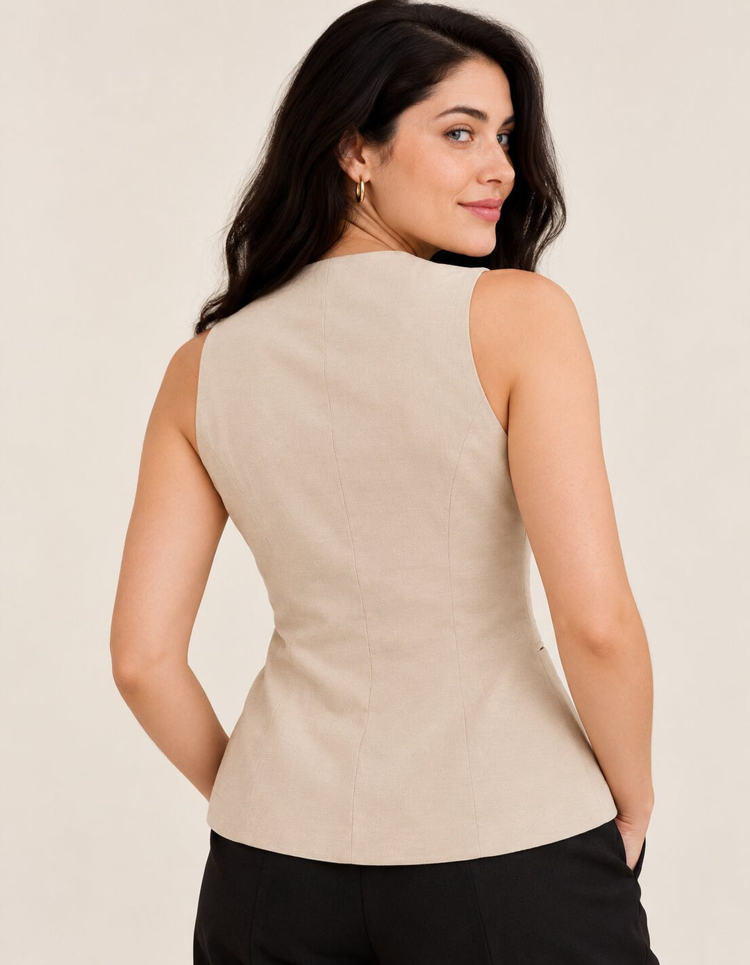 Beige Sleeveless Button-Front Vest