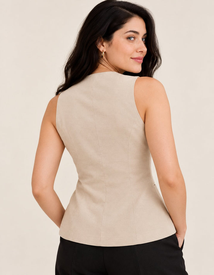 Beige Sleeveless Button-Front Vest