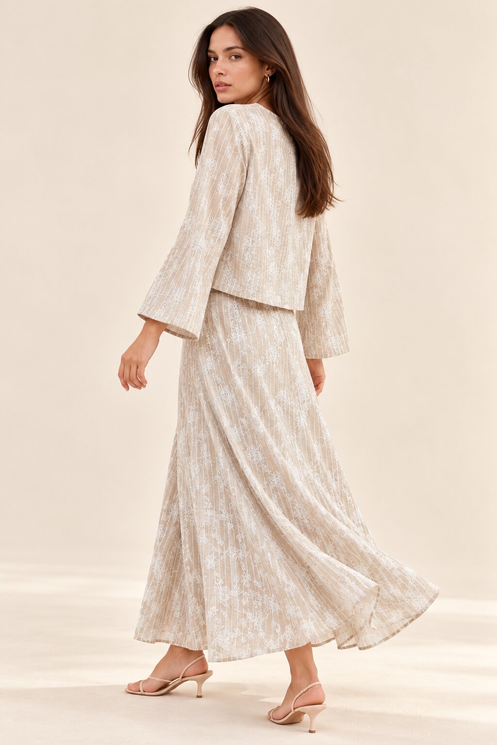 Taupe Floral Stripe Tie-Front Top and Maxi Skirt Co-Ord Set