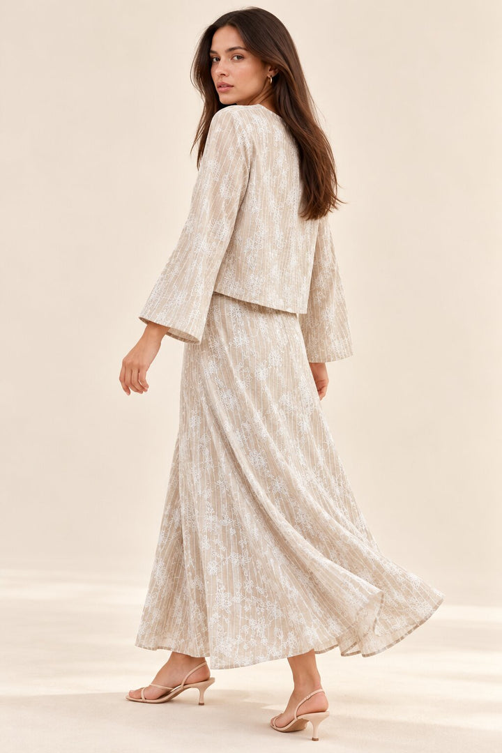 Taupe Floral Stripe Tie-Front Top and Maxi Skirt Co-Ord Set